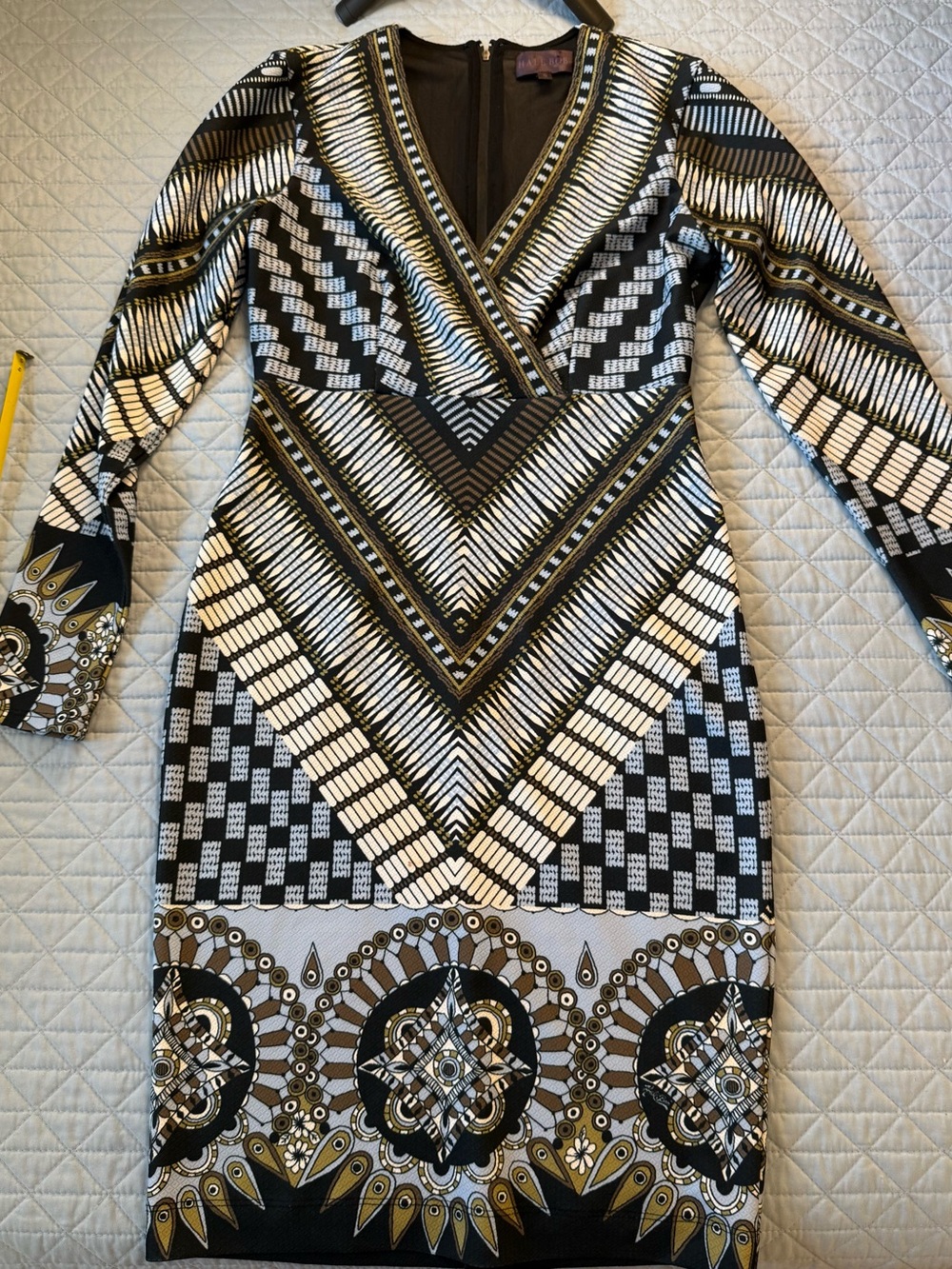 Hale Bob Asymmetrical V-Neck Geometric Dress in Black, White & Gold